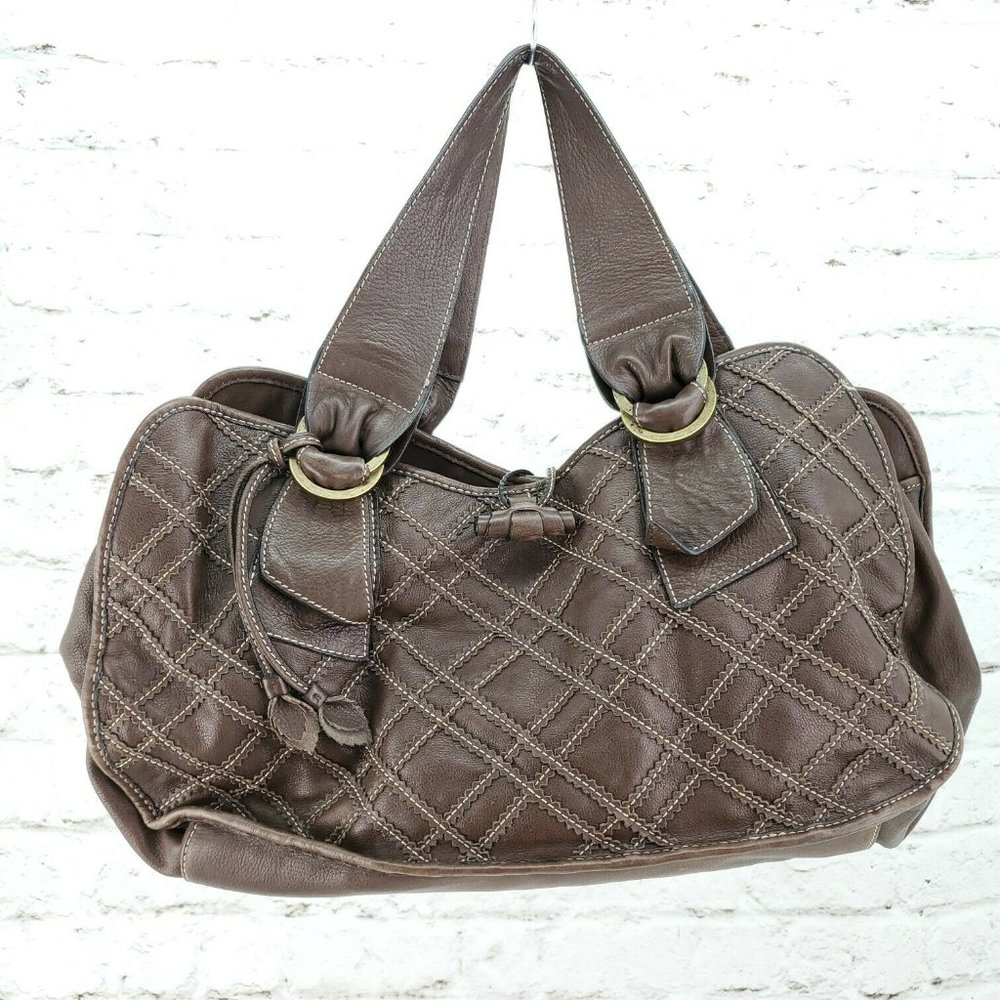 Gianni Bini Womens Brown Leather Shoulder Strap Satchel Handbag Purse Large
